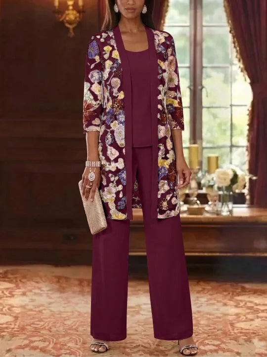 3 Pieces Chiffon Scoop  Mother of the Bride Pantsuits with Jacket Ankle-Length 3/4 Sleeves Lace Floral