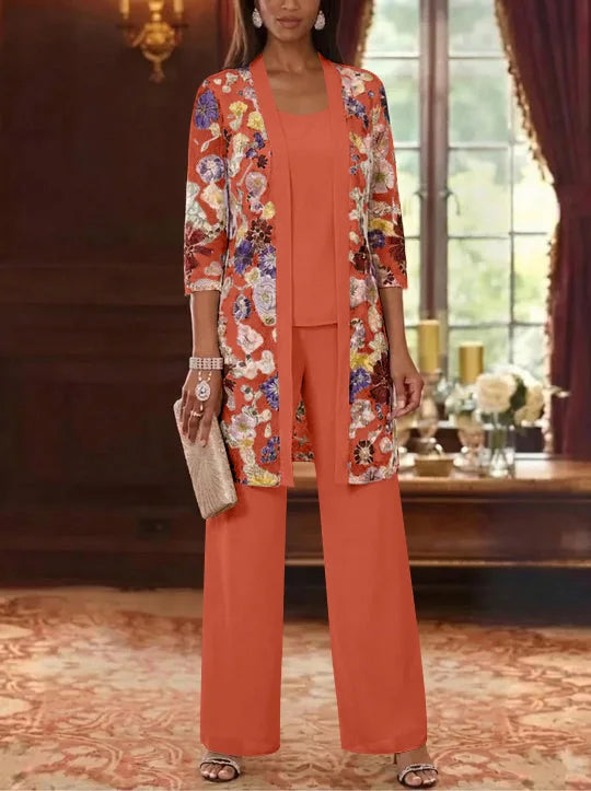 3 Pieces Chiffon Scoop  Mother of the Bride Pantsuits with Jacket Ankle-Length 3/4 Sleeves Lace Floral