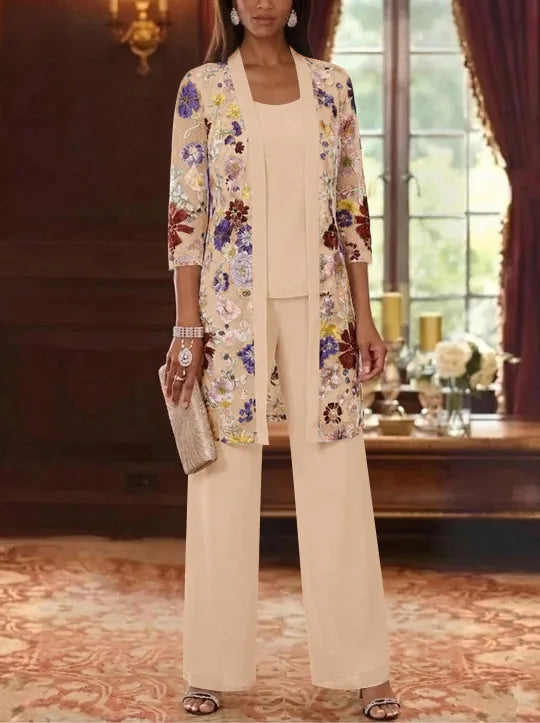 3 Pieces Chiffon Scoop  Mother of the Bride Pantsuits with Jacket Ankle-Length 3/4 Sleeves Lace Floral