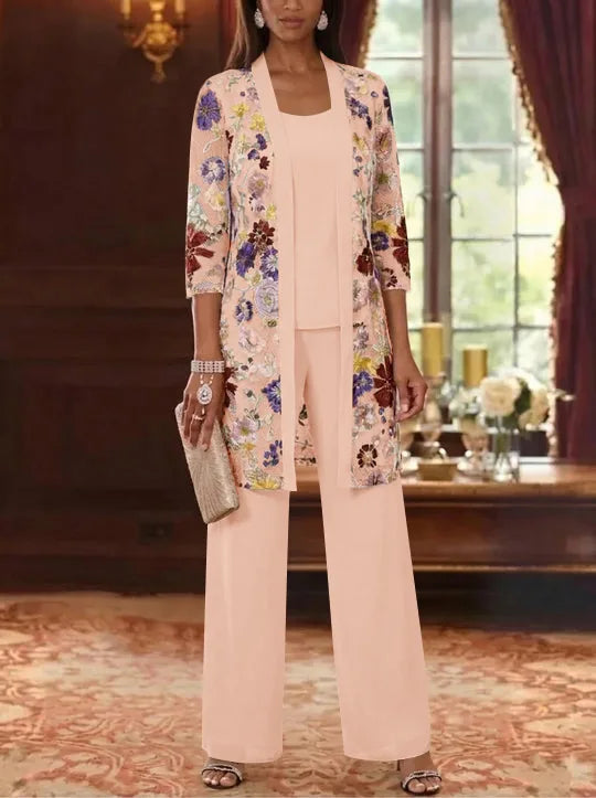 3 Pieces Chiffon Scoop  Mother of the Bride Pantsuits with Jacket Ankle-Length 3/4 Sleeves Lace Floral