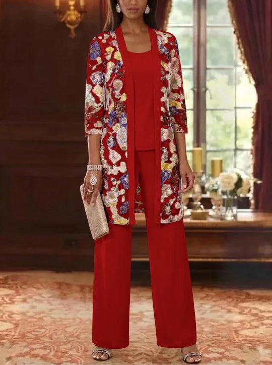 3 Pieces Chiffon Scoop  Mother of the Bride Pantsuits with Jacket Ankle-Length 3/4 Sleeves Lace Floral
