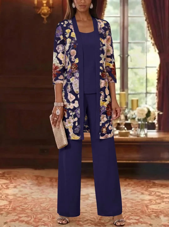 3 Pieces Chiffon Scoop  Mother of the Bride Pantsuits with Jacket Ankle-Length 3/4 Sleeves Lace Floral