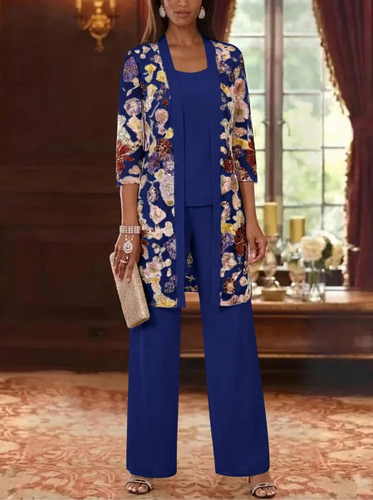 3 Pieces Chiffon Scoop  Mother of the Bride Pantsuits with Jacket Ankle-Length 3/4 Sleeves Lace Floral
