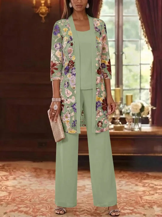 3 Pieces Chiffon Scoop  Mother of the Bride Pantsuits with Jacket Ankle-Length 3/4 Sleeves Lace Floral