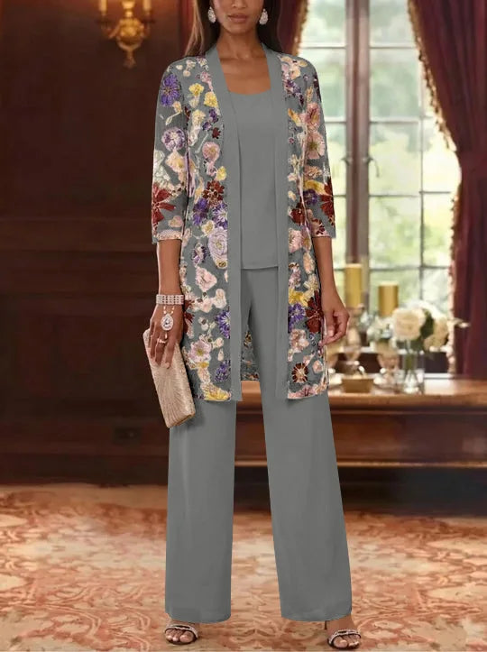 3 Pieces Chiffon Scoop  Mother of the Bride Pantsuits with Jacket Ankle-Length 3/4 Sleeves Lace Floral