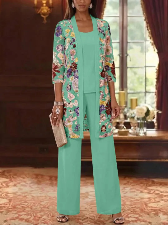 3 Pieces Chiffon Scoop  Mother of the Bride Pantsuits with Jacket Ankle-Length 3/4 Sleeves Lace Floral