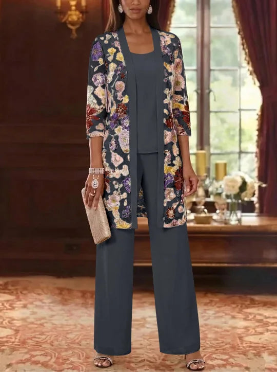 3 Pieces Chiffon Scoop  Mother of the Bride Pantsuits with Jacket Ankle-Length 3/4 Sleeves Lace Floral