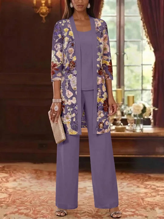 3 Pieces Chiffon Scoop  Mother of the Bride Pantsuits with Jacket Ankle-Length 3/4 Sleeves Lace Floral