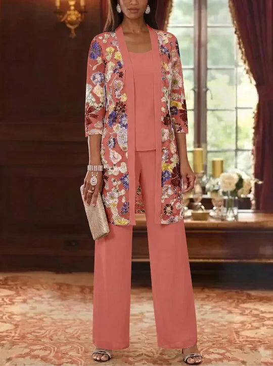 3 Pieces Chiffon Scoop  Mother of the Bride Pantsuits with Jacket Ankle-Length 3/4 Sleeves Lace Floral