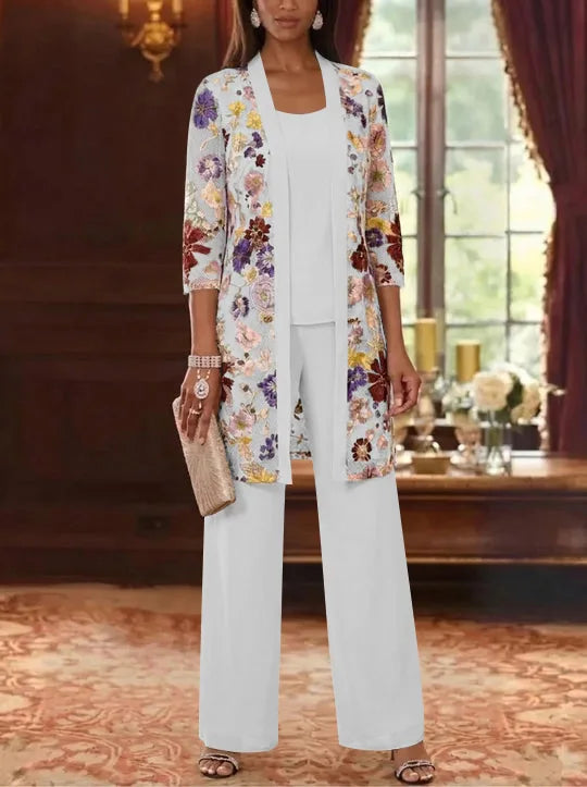 3 Pieces Chiffon Scoop  Mother of the Bride Pantsuits with Jacket Ankle-Length 3/4 Sleeves Lace Floral