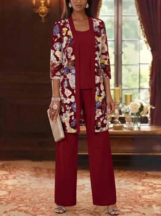 3 Pieces Chiffon Scoop  Mother of the Bride Pantsuits with Jacket Ankle-Length 3/4 Sleeves Lace Floral