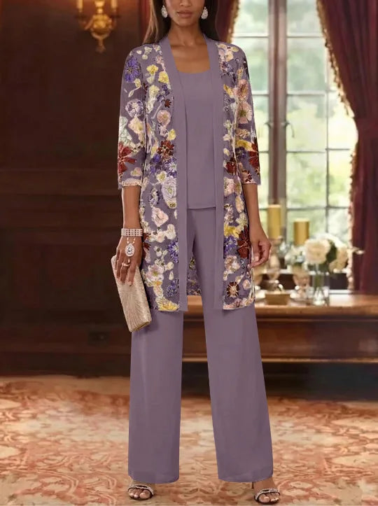 3 Pieces Chiffon Scoop  Mother of the Bride Pantsuits with Jacket Ankle-Length 3/4 Sleeves Lace Floral