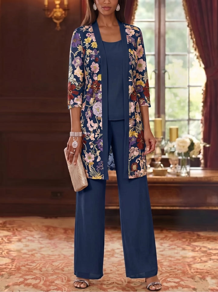 3 Pieces Chiffon Scoop  Mother of the Bride Pantsuits with Jacket Ankle-Length 3/4 Sleeves Lace Floral