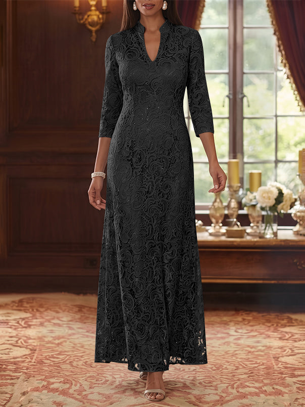 A-Line/Princess V-Neck Lace Mother of the Bride Dresses Ankle-Length 3/4 Sleeves Floral