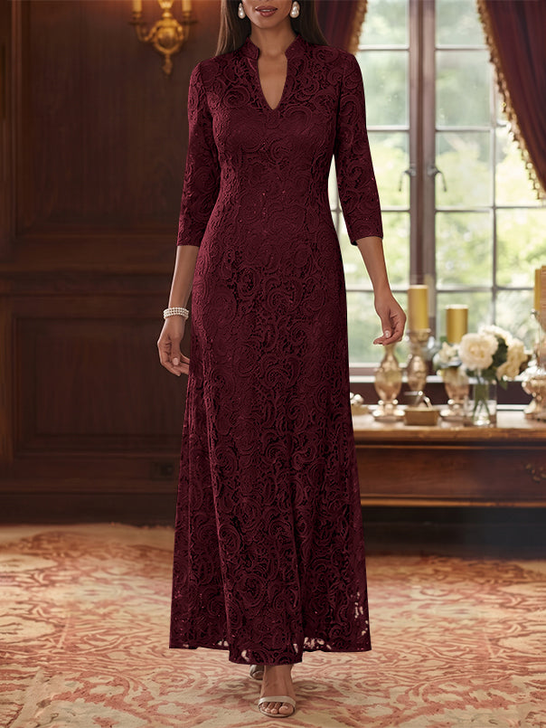A-Line/Princess V-Neck Lace Mother of the Bride Dresses Ankle-Length 3/4 Sleeves Floral