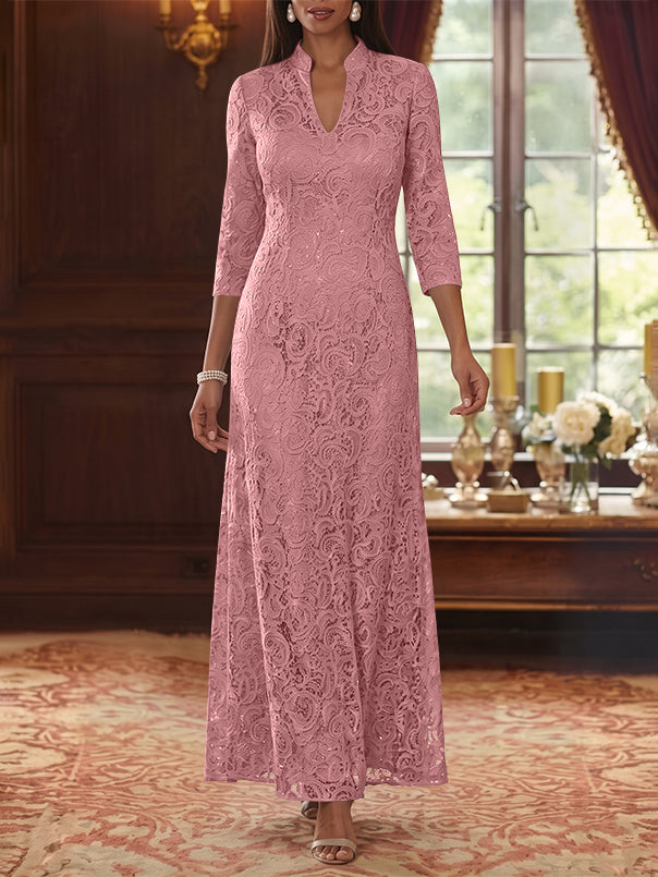 A-Line/Princess V-Neck Lace Mother of the Bride Dresses Ankle-Length 3/4 Sleeves Floral