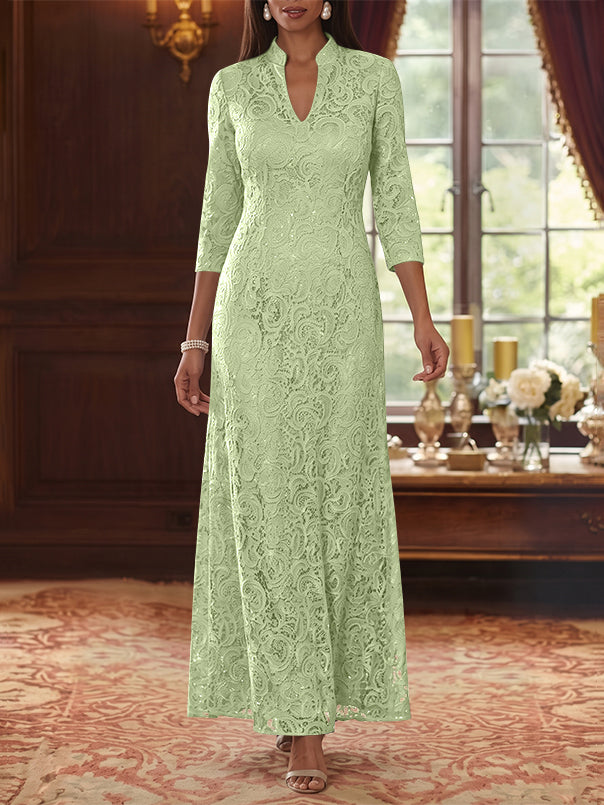 A-Line/Princess V-Neck Lace Mother of the Bride Dresses Ankle-Length 3/4 Sleeves Floral