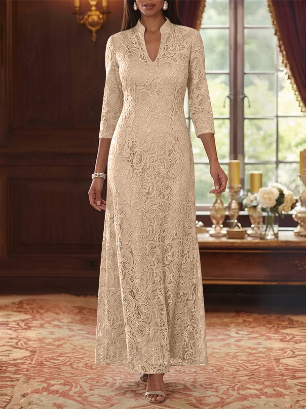 A-Line/Princess V-Neck Lace Mother of the Bride Dresses Ankle-Length 3/4 Sleeves Floral