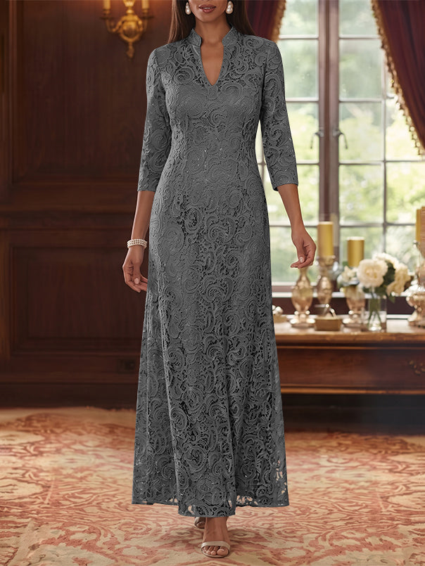 A-Line/Princess V-Neck Lace Mother of the Bride Dresses Ankle-Length 3/4 Sleeves Floral