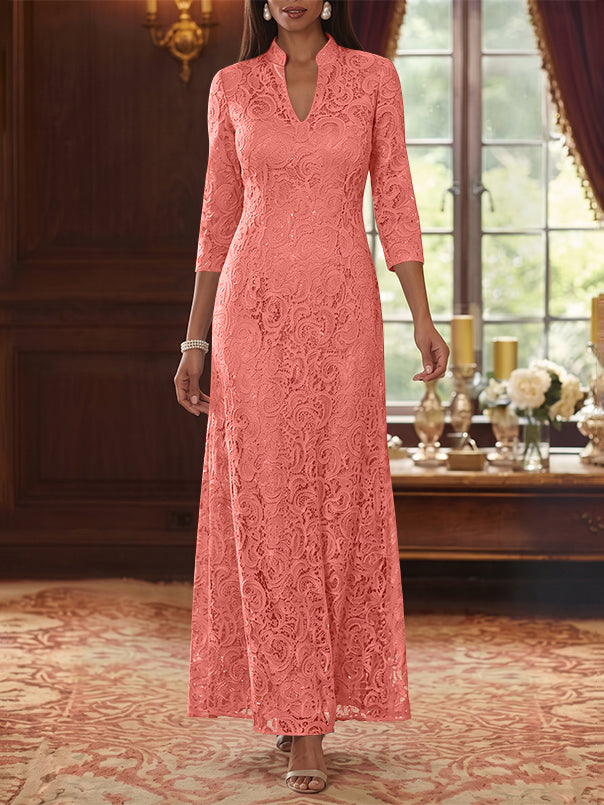 A-Line/Princess V-Neck Lace Mother of the Bride Dresses Ankle-Length 3/4 Sleeves Floral