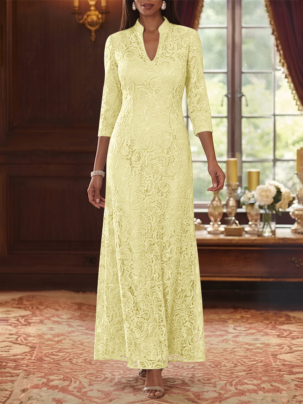A-Line/Princess V-Neck Lace Mother of the Bride Dresses Ankle-Length 3/4 Sleeves Floral
