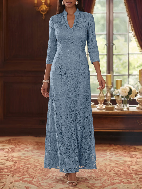 A-Line/Princess V-Neck Lace Mother of the Bride Dresses Ankle-Length 3/4 Sleeves Floral