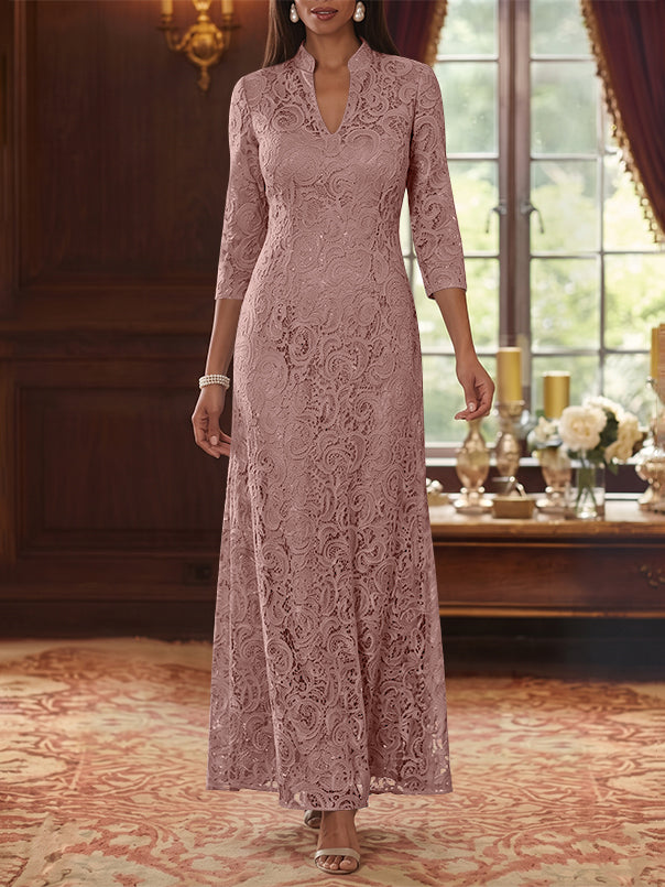 A-Line/Princess V-Neck Lace Mother of the Bride Dresses Ankle-Length 3/4 Sleeves Floral
