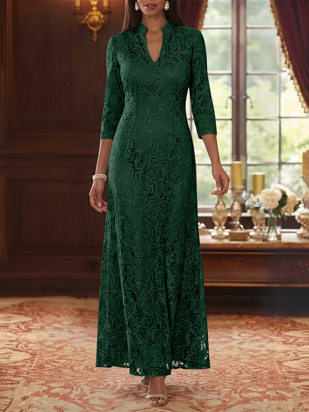 A-Line/Princess V-Neck Lace Mother of the Bride Dresses Ankle-Length 3/4 Sleeves Floral