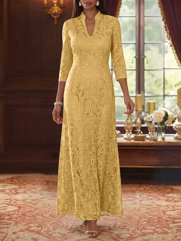 A-Line/Princess V-Neck Lace Mother of the Bride Dresses Ankle-Length 3/4 Sleeves Floral