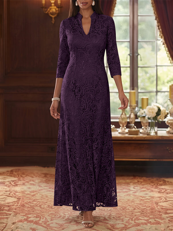 A-Line/Princess V-Neck Lace Mother of the Bride Dresses Ankle-Length 3/4 Sleeves Floral