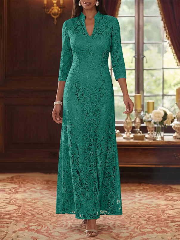 A-Line/Princess V-Neck Lace Mother of the Bride Dresses Ankle-Length 3/4 Sleeves Floral