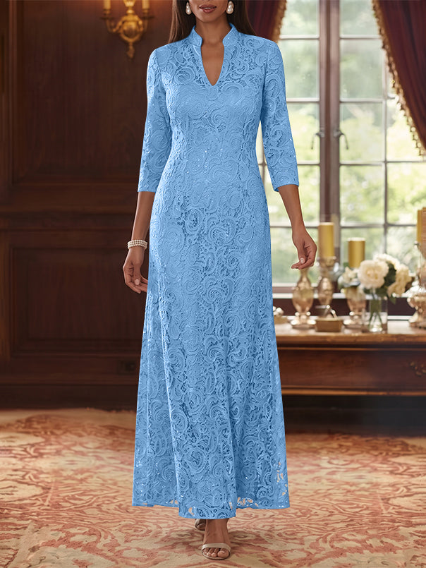 A-Line/Princess V-Neck Lace Mother of the Bride Dresses Ankle-Length 3/4 Sleeves Floral
