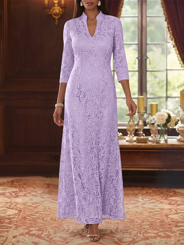 A-Line/Princess V-Neck Lace Mother of the Bride Dresses Ankle-Length 3/4 Sleeves Floral