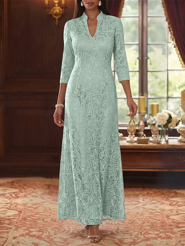 A-Line/Princess V-Neck Lace Mother of the Bride Dresses Ankle-Length 3/4 Sleeves Floral