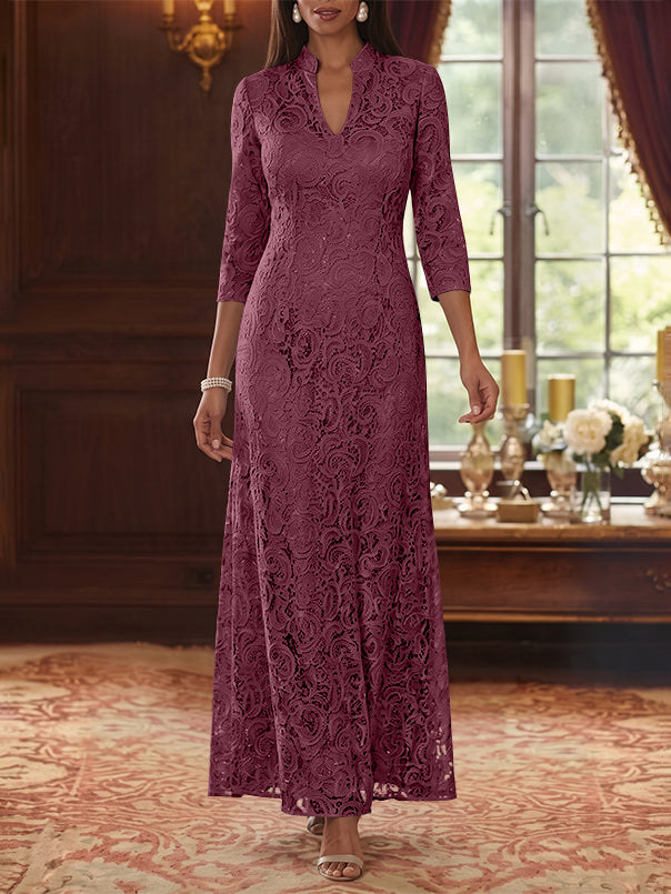 A-Line/Princess V-Neck Lace Mother of the Bride Dresses Ankle-Length 3/4 Sleeves Floral