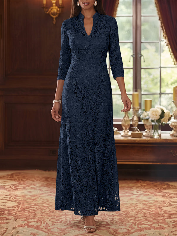 A-Line/Princess V-Neck Lace Mother of the Bride Dresses Ankle-Length 3/4 Sleeves Floral