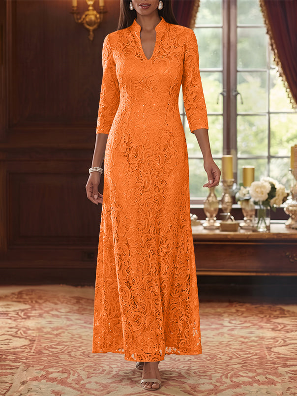 A-Line/Princess V-Neck Lace Mother of the Bride Dresses Ankle-Length 3/4 Sleeves Floral