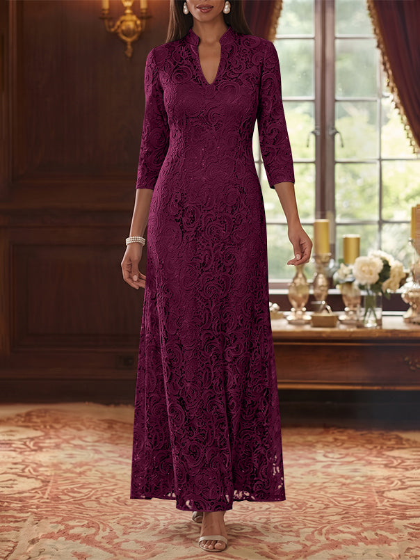 A-Line/Princess V-Neck Lace Mother of the Bride Dresses Ankle-Length 3/4 Sleeves Floral