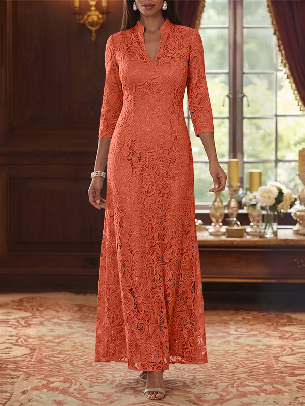 A-Line/Princess V-Neck Lace Mother of the Bride Dresses Ankle-Length 3/4 Sleeves Floral