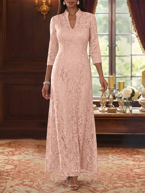 A-Line/Princess V-Neck Lace Mother of the Bride Dresses Ankle-Length 3/4 Sleeves Floral