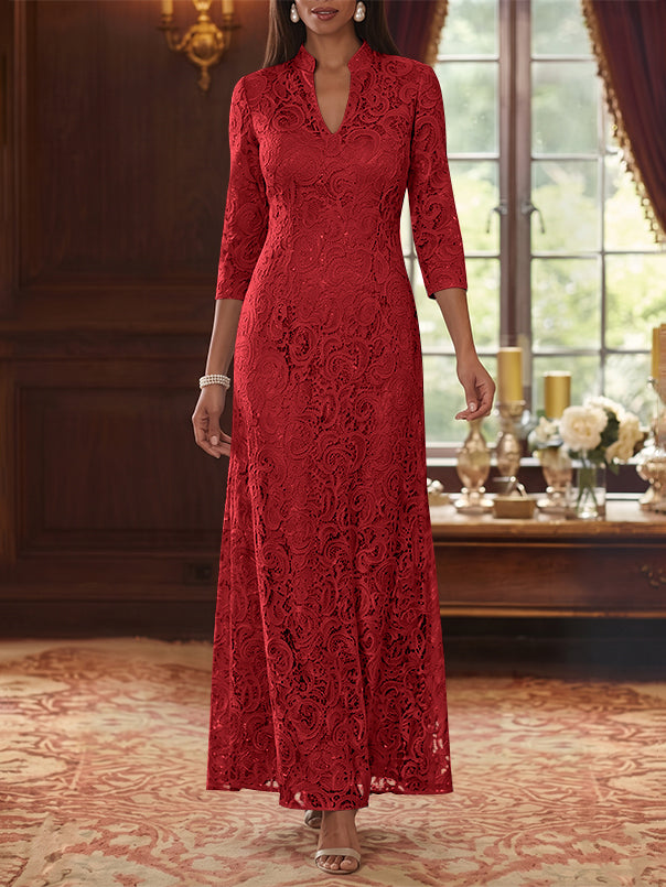 A-Line/Princess V-Neck Lace Mother of the Bride Dresses Ankle-Length 3/4 Sleeves Floral