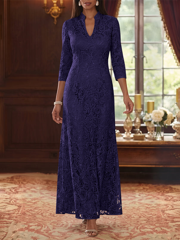 A-Line/Princess V-Neck Lace Mother of the Bride Dresses Ankle-Length 3/4 Sleeves Floral