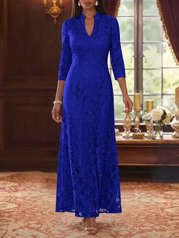 A-Line/Princess V-Neck Lace Mother of the Bride Dresses Ankle-Length 3/4 Sleeves Floral