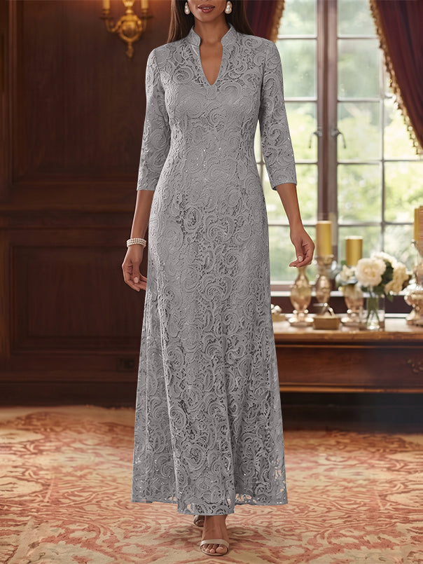 A-Line/Princess V-Neck Lace Mother of the Bride Dresses Ankle-Length 3/4 Sleeves Floral