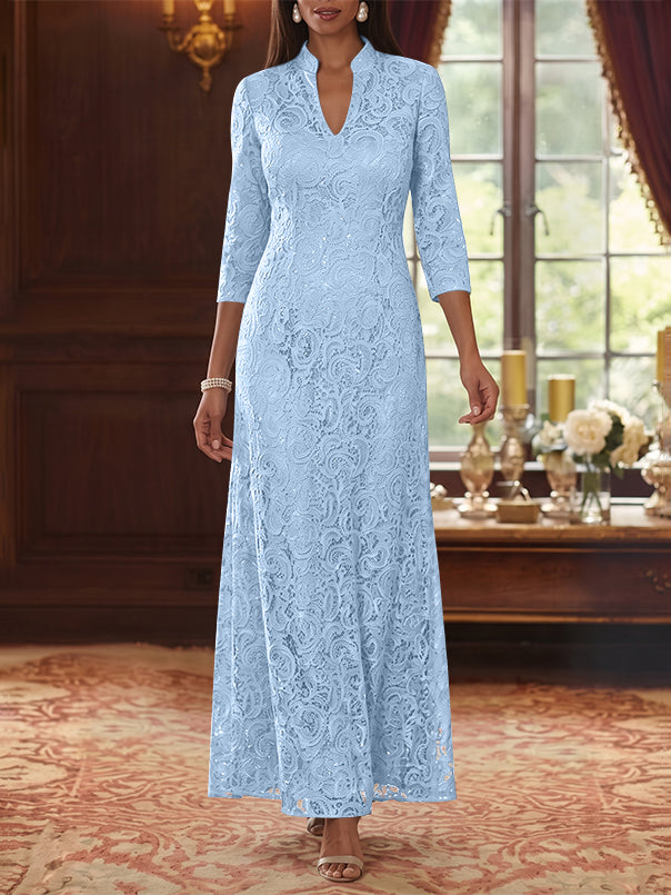 A-Line/Princess V-Neck Lace Mother of the Bride Dresses Ankle-Length 3/4 Sleeves Floral