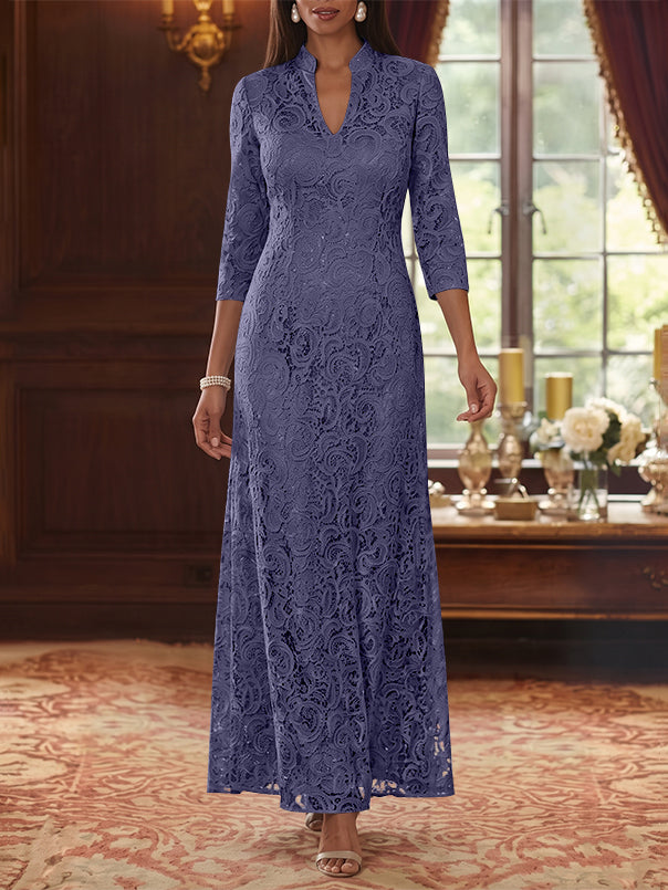 A-Line/Princess V-Neck Lace Mother of the Bride Dresses Ankle-Length 3/4 Sleeves Floral