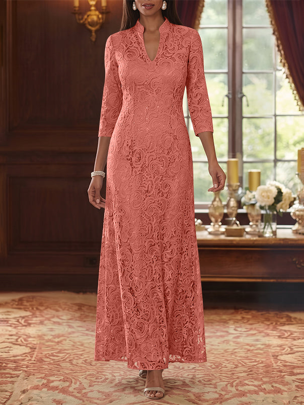 A-Line/Princess V-Neck Lace Mother of the Bride Dresses Ankle-Length 3/4 Sleeves Floral