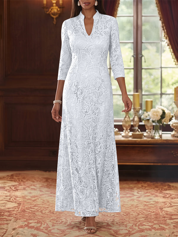 A-Line/Princess V-Neck Lace Mother of the Bride Dresses Ankle-Length 3/4 Sleeves Floral
