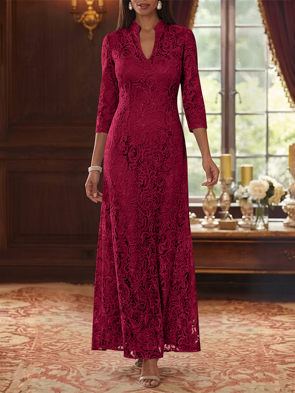 A-Line/Princess V-Neck Lace Mother of the Bride Dresses Ankle-Length 3/4 Sleeves Floral