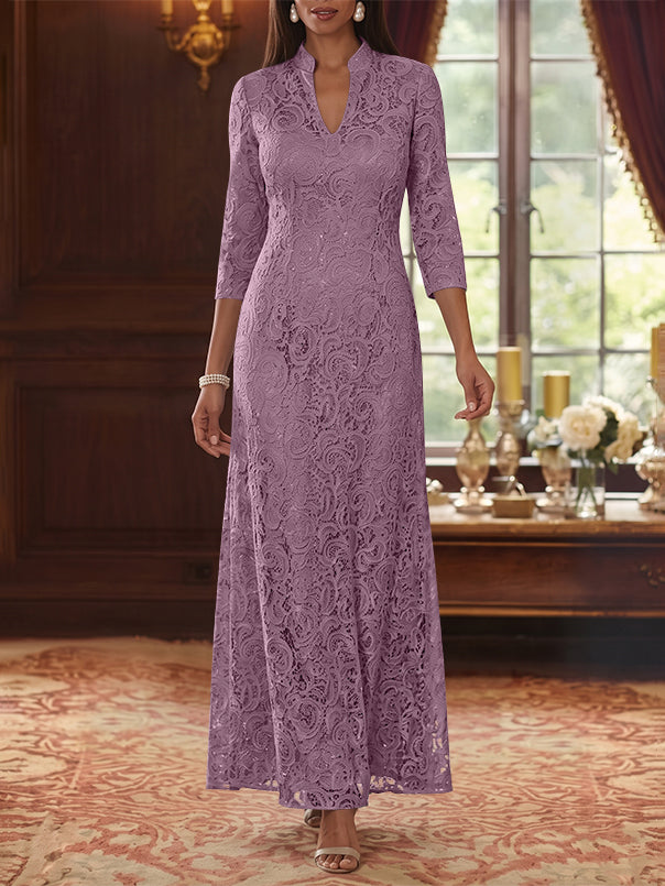 A-Line/Princess V-Neck Lace Mother of the Bride Dresses Ankle-Length 3/4 Sleeves Floral